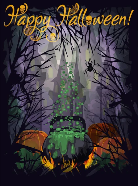 Joyeux Halloween Carte Avec Pot Magique Citrouille Château Sinistre Illustration — Image vectorielle