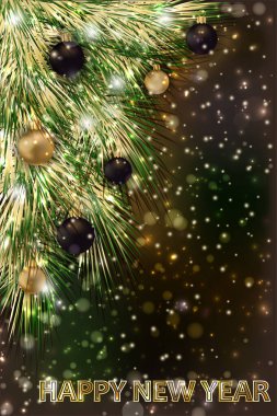 Mutlu yıllar, mutlu noel arkaplanı Xmas topu, kar taneleri ve xmas ağacı, vektör çizimi