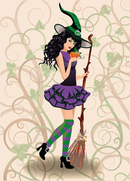 Jolie sorcière et citrouille, carte d'Halloween. illustration vectorielle — Image vectorielle