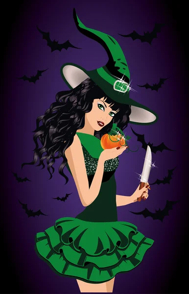 Bruja y espada sexy, tarjeta de Halloween. ilustración vectorial — Vector de stock