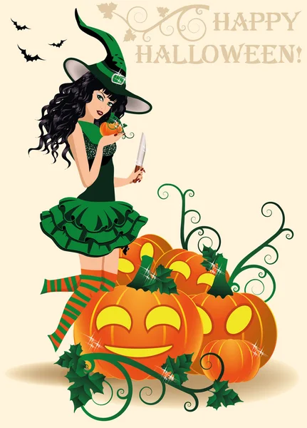 Buon biglietto di Halloween. Giovane strega e zucche, illustrazione vettoriale — Vettoriale Stock