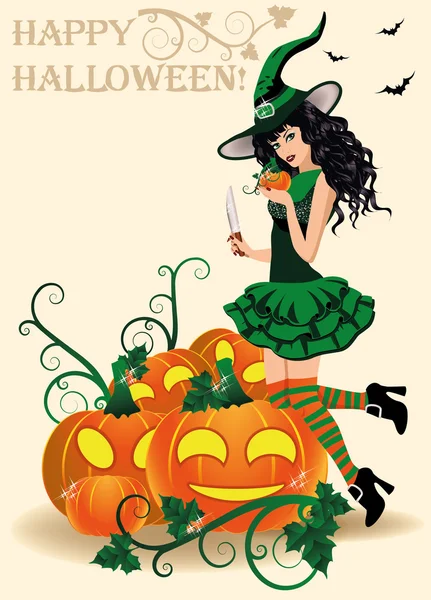 Feliz tarjeta de Halloween. Bruja y calabazas, ilustración vectorial — Vector de stock