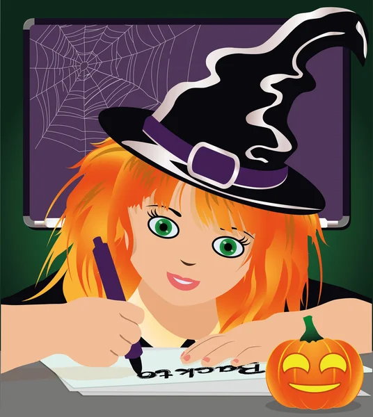 Back to Witch School. Cute little witch studying at the library. vector illustration — Stock Vector