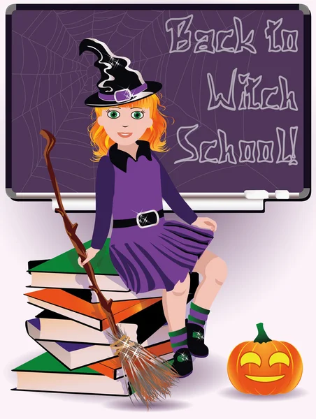Powrót do szkoły czarownic. mała czarownica i książek. Ilustracja wektorowa — Wektor stockowy