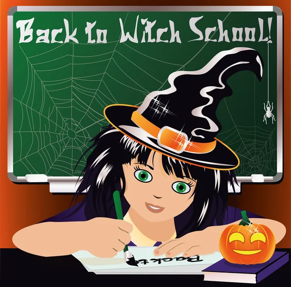 Back to Witch School. Cute little witch studying. vector illustration — Stock Vector