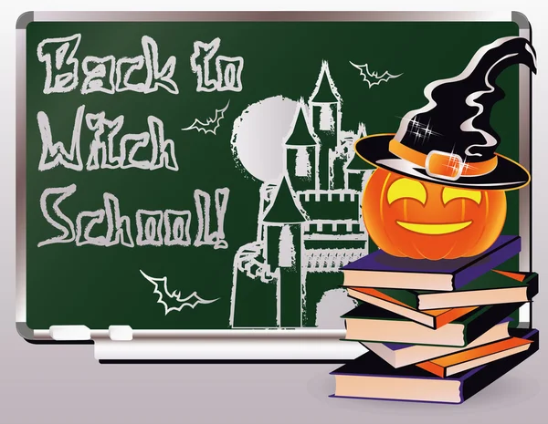 Back to Witch School. Invitation card with books and pumpkin, vector illustration