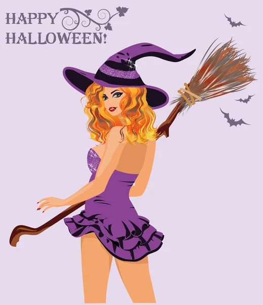 Happy Halloween. Sexy witch with broom, vector illustration — Stock Vector