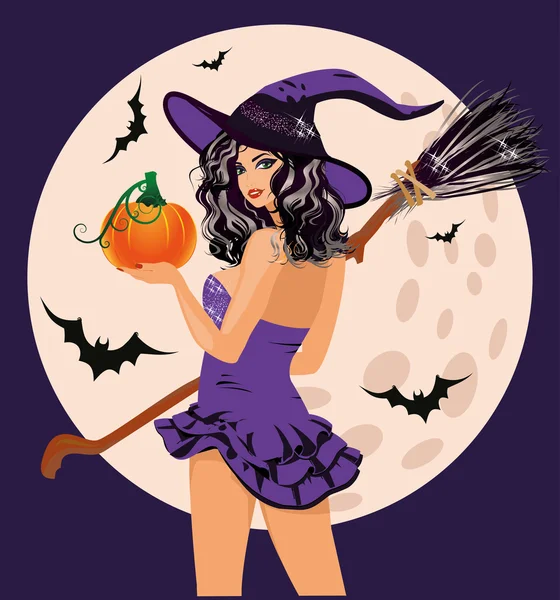 Joyeux Halloween. Sorcière sexy avec citrouille et lune, illustration vectorielle — Image vectorielle