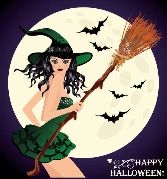 Feliz Dia das Bruxas. Sexy jovem bruxa com vassoura e lua, ilustração vetorial —  Vetores de Stock