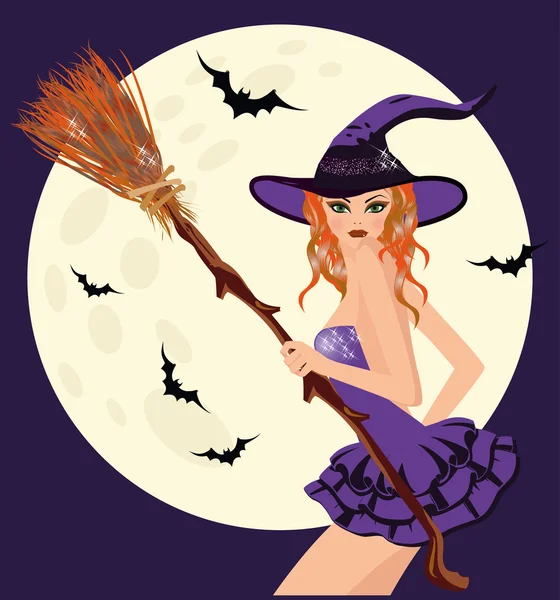 Happy Halloween. Sexual young witch with broom, vector illustration — Stock Vector
