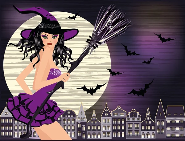 Happy Halloween. Sexy young witch, moon and night city, vector illustration — Stock Vector