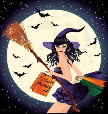 Cadılar Bayramı Satılık. Seksi cadı ve alışveriş torbaları, vektör çizim