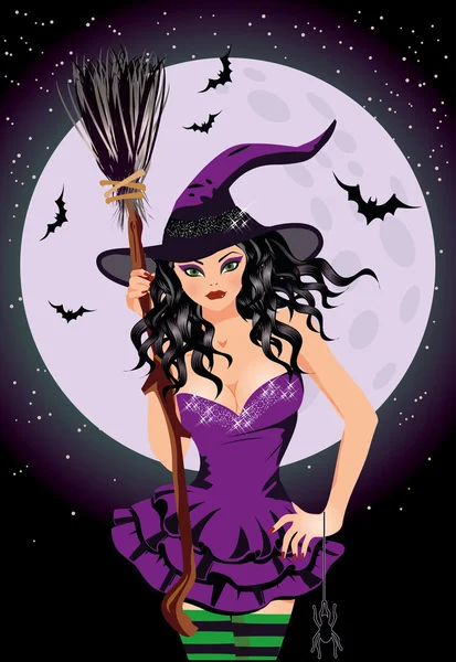 Joyeux Halloween. Sorcière de nuit sexy avec manche à balai, illustration vectorielle — Image vectorielle