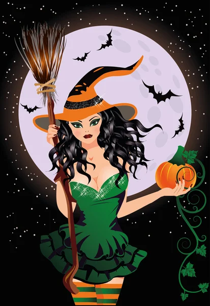 Buon Halloween. Strega sexy notturna con zucca, illustrazione vettoriale — Vettoriale Stock