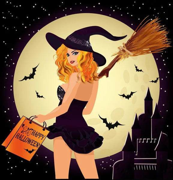 Venta de Halloween. Compras sexuales bruja y castillo, ilustración vectorial — Vector de stock