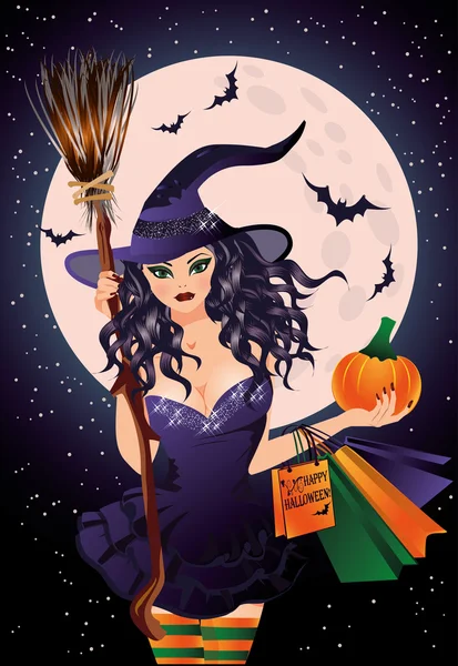 Halloween prodej. sexuální čarodějnice a dýňové nákupní tašky, vektorové ilustrace — Stockový vektor