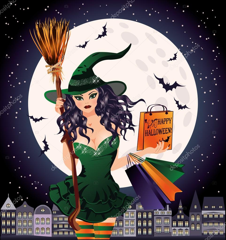 Halloween sale. Sexy urban witch and shopping bags, vector illustration