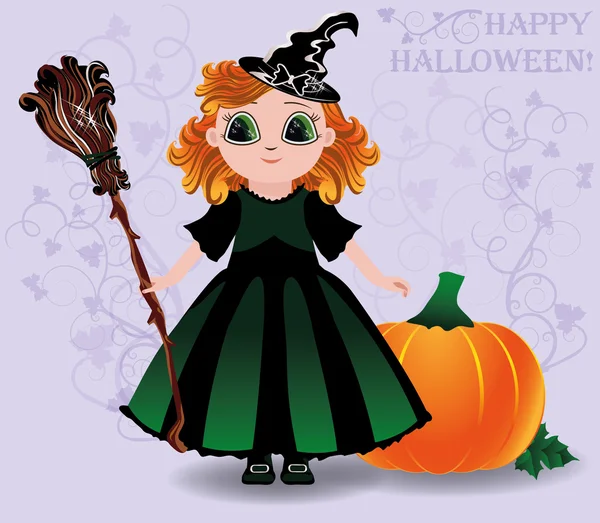 Vrolijke Halloween. Schattige kleine heks en pompoen achtergrond, vectorillustratie — Stockvector