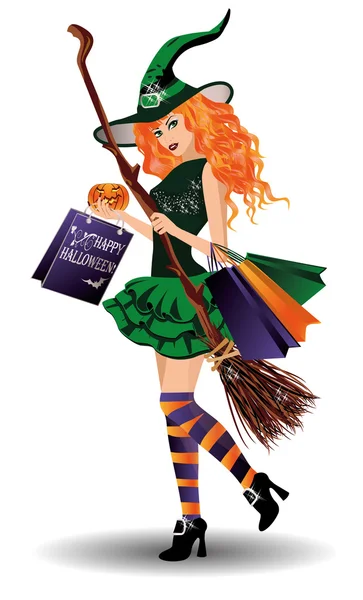 Vendita di Halloween. Sexy redhair strega con borse della spesa, illustrazione vettoriale — Vettoriale Stock