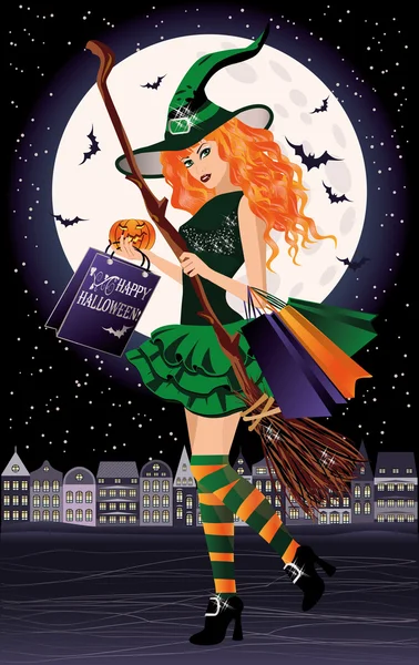 Venta de Halloween. Bruja pelirroja urbana con bolsas de compras, ilustración vectorial — Vector de stock