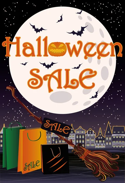 Happy Halloween sprzedaż czarownica zakupy karta, ilustracji wektorowych — Wektor stockowy