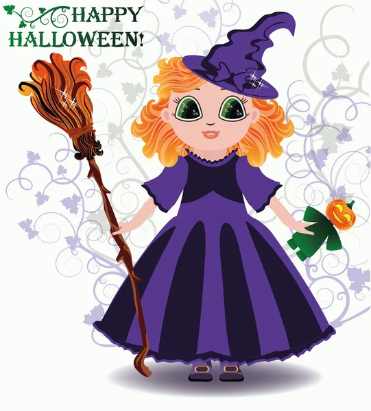 楽しいハロウィンをお過ごし下さい。カボチャの人形と小さな魔女。ベクトル図 — ストックベクタ