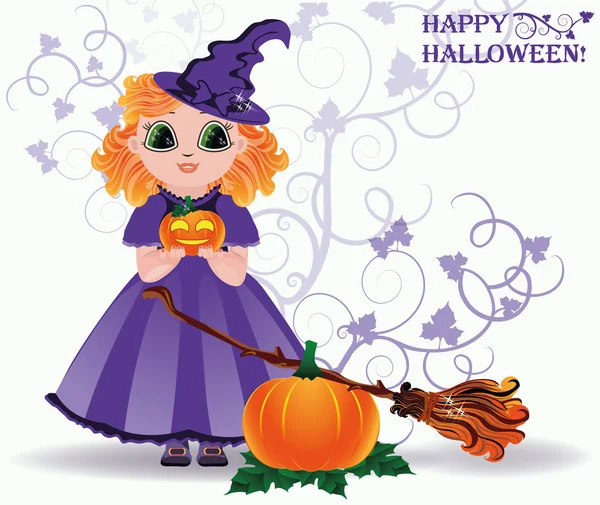 Feliz Halloween. Linda brujita y tarjeta de calabaza. ilustración vectorial — Vector de stock