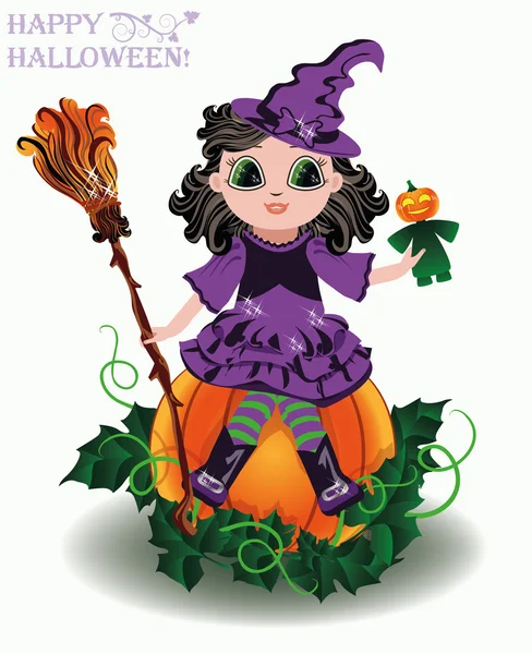 Feliz Dia das Bruxas. Pequena bruxa bonita com boneca de abóbora, vetor — Vetor de Stock