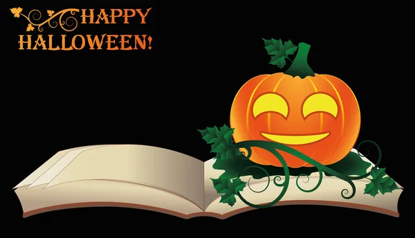 Fröhliches Halloween. Offenes altes Buch mit Kürbis, Vektorillustration — Stockvektor