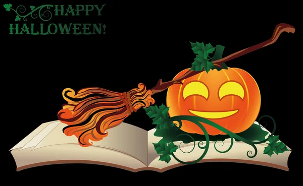 Vrolijke Halloween. Oud boek van de heks met pompoen, vectorillustratie — Stockvector