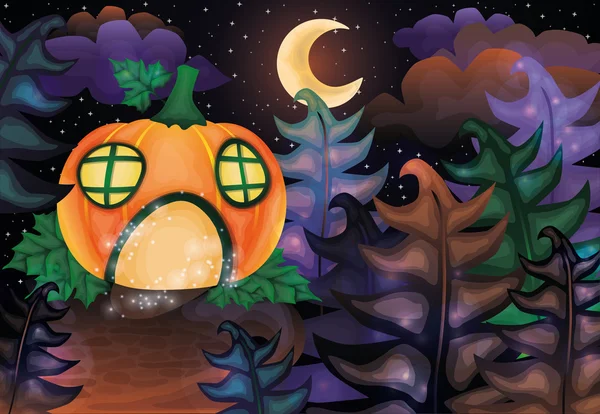Вечерняя карта Хэллоуина с замком из тыквы и луной, векторная иллюстрация — стоковый вектор