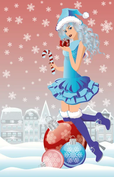 Noel Baba kız kış City, vektör çizim — Stok Vektör