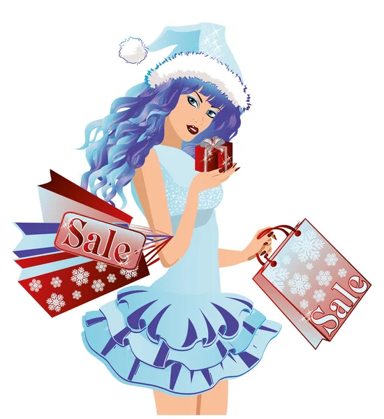 Santa chica con bolsas de compras, vector de ilustración — Vector de stock