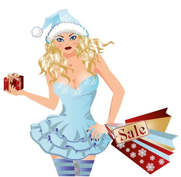 Compras Santa chica con regalos de Navidad, vector de ilustración — Archivo Imágenes Vectoriales