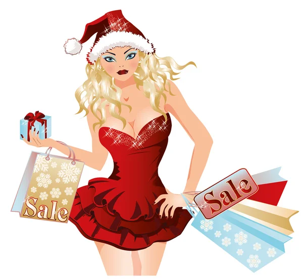 Santa κορίτσι ψώνια, εικονογράφηση φορέας — Διανυσματικό Αρχείο
