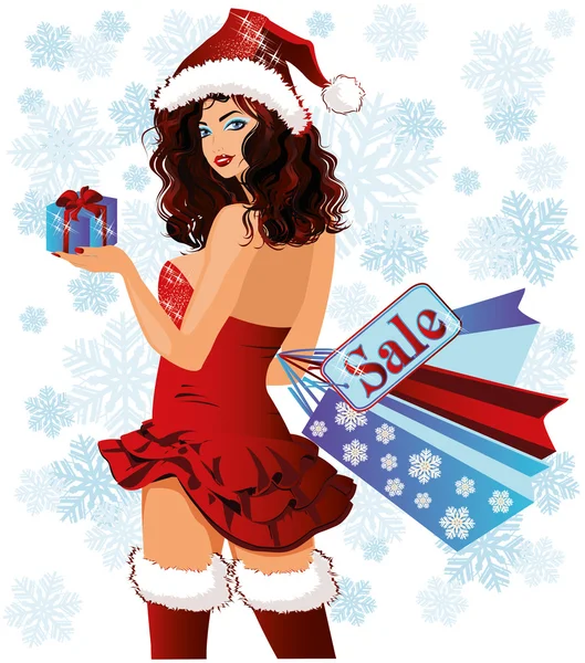 Santa chica con regalo de Navidad y bolsas de compras, vector — Vector de stock