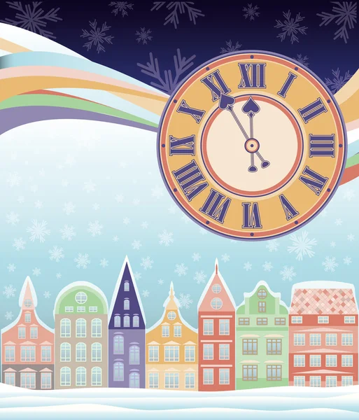 Año nuevo y Feliz Navidad tarjeta de invierno con reloj, vector de ilustración — Vector de stock