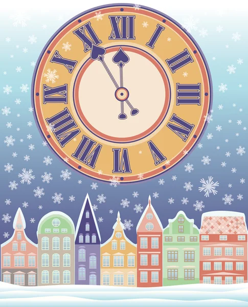 Feliz Navidad tarjeta de invierno con reloj, vector de ilustración — Archivo Imágenes Vectoriales