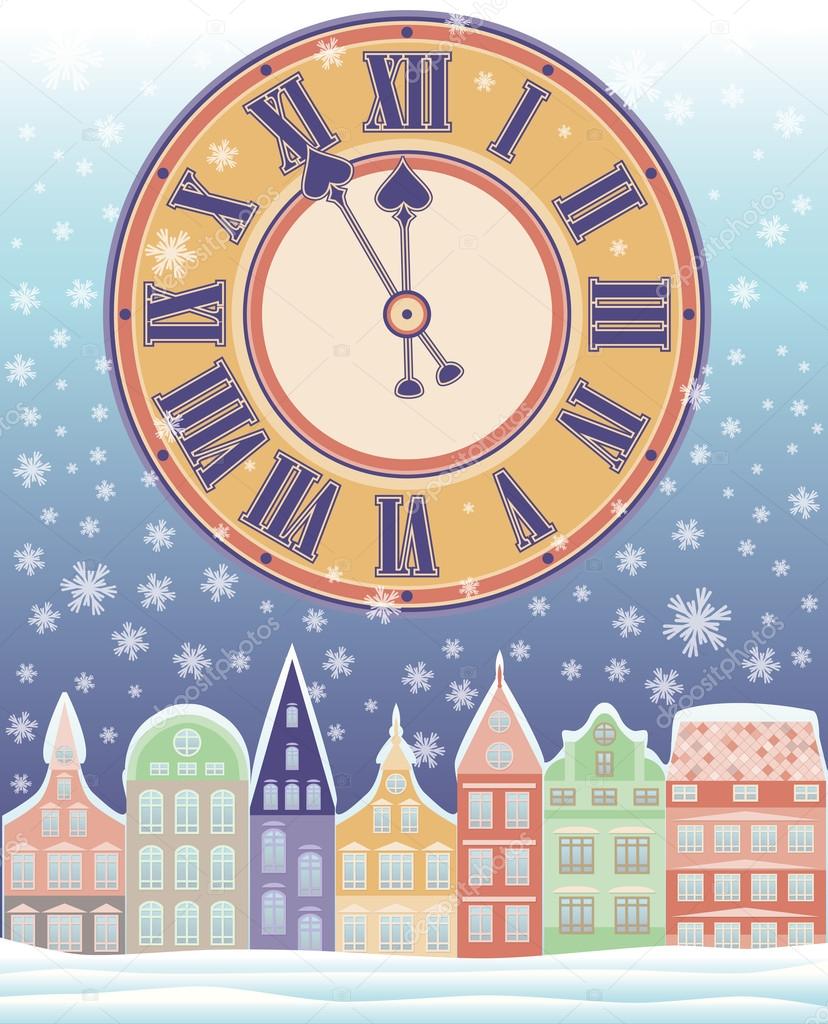 Merry Christmas winter card with clock, vector illustration