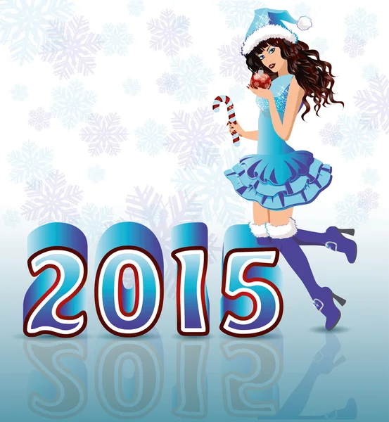 Feliz Año Nuevo 2015 tarjeta con Santa chica, vector de ilustración — Vector de stock