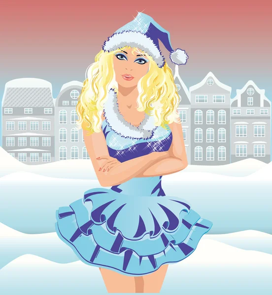 Hermosa chica de Santa en la ciudad, ilustración vectorial — Vector de stock