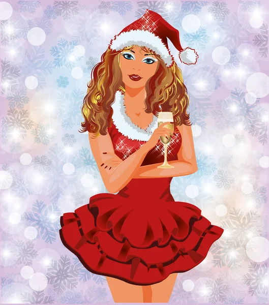 Santa Claude fille avec champagne, illustration vectorielle — Image vectorielle