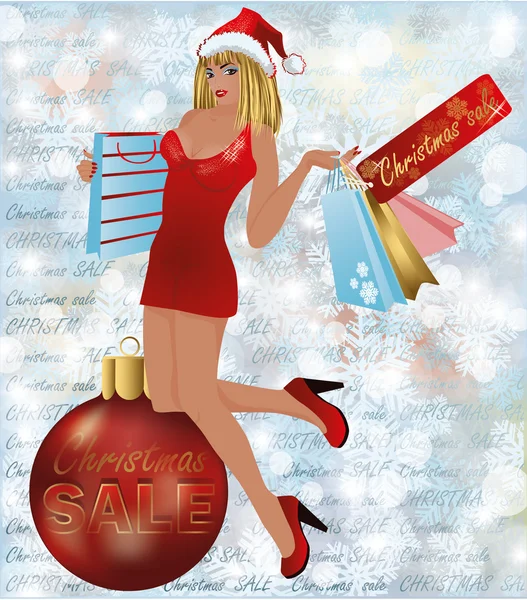 Venda de Natal mulher de compras com bola de xmas, ilustração vetorial — Vetor de Stock