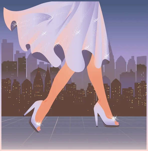 Spring shopping girl in city, vector illustration — Stock Vector