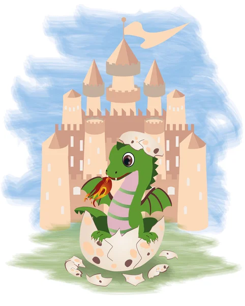 Pequeno dragão de fadas e castelo, ilustração vetorial — Vetor de Stock