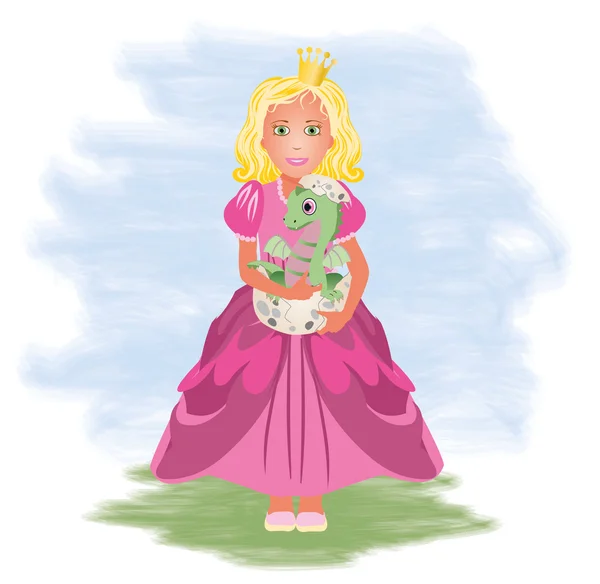 Pequeña princesa y dragón, ilustración vectorial — Vector de stock