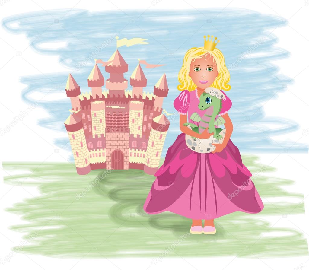 Cute princess with little dragon, vector illustration