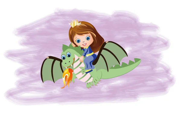 Pequeña princesa y dragón mágico, ilustración vectorial — Vector de stock