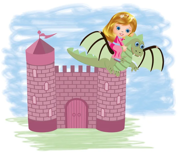 Beetje schattig prinses en de draak, vectorillustratie — Stockvector