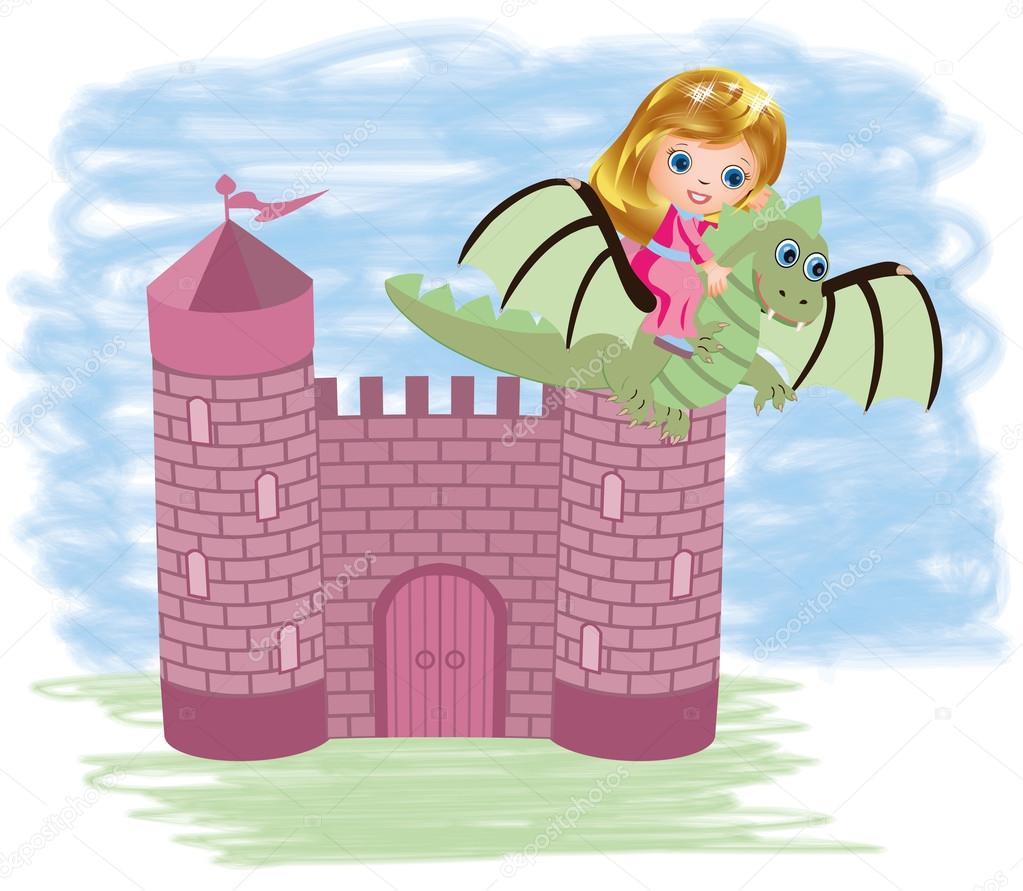 Little cute princess and dragon, vector illustration